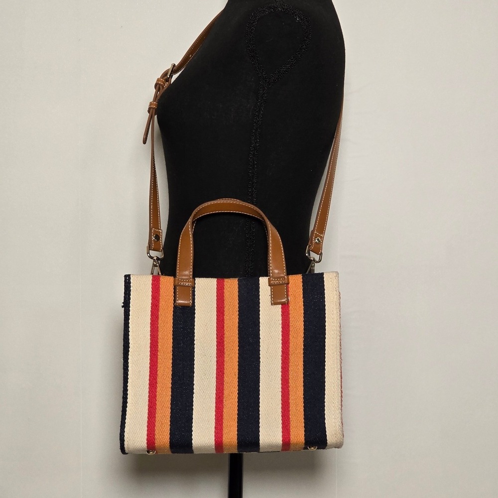 Zara Woman Striped Canvas Tote Crossbody Bag